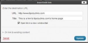 filling in the url and title box in wordpress hyperlinks